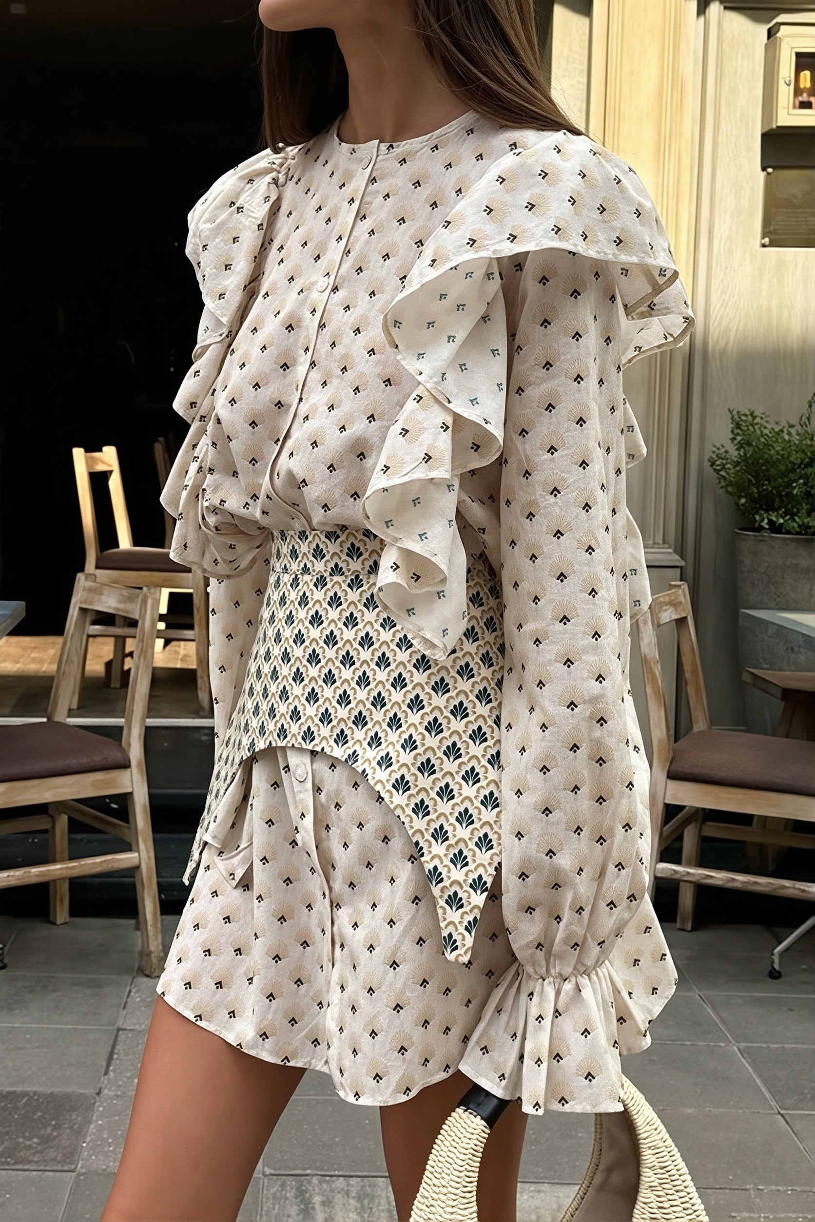 Diamond Print Ruffle Flare Sleeve Button Front Tiered Mini Dress