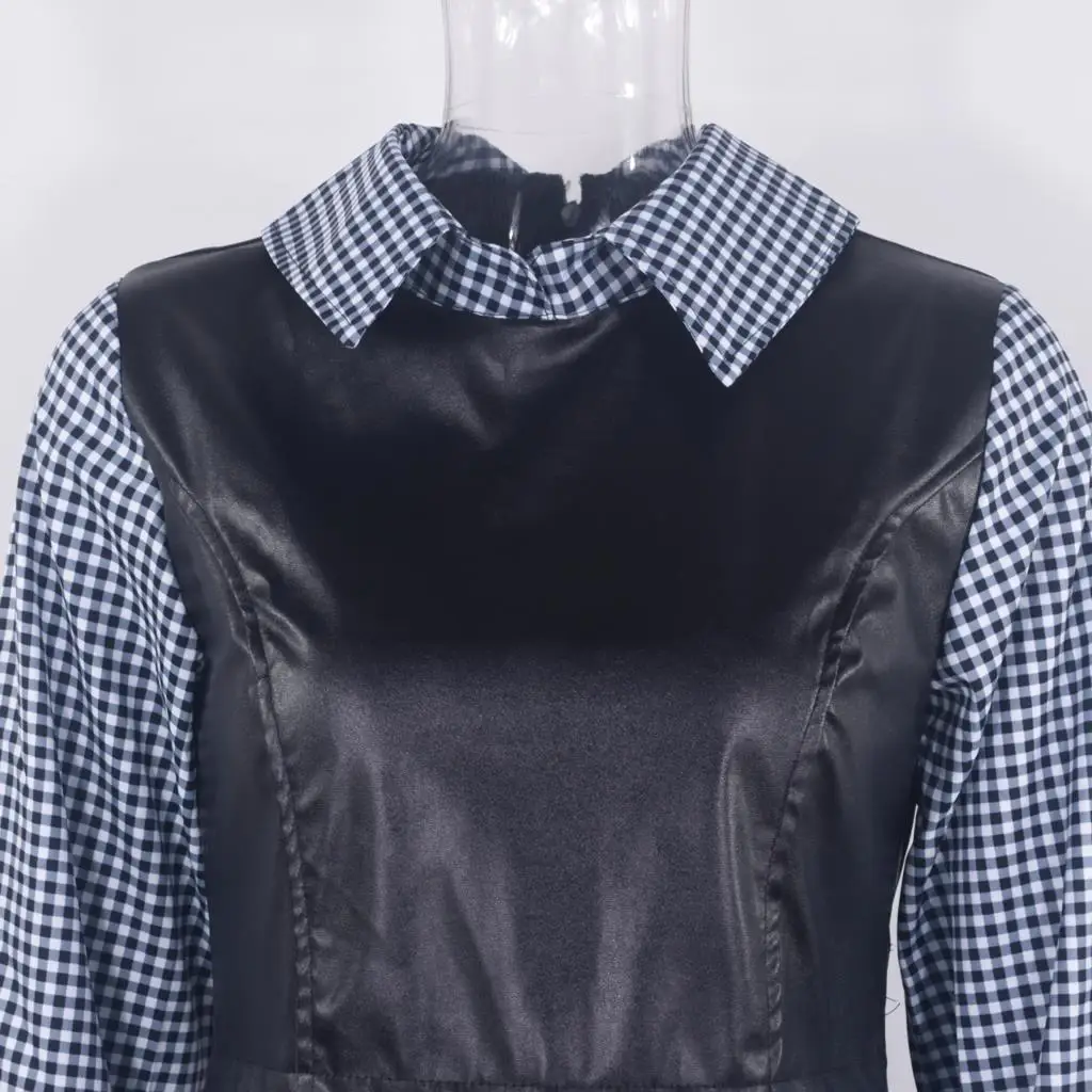 Plaid Shirt Casual Vestidos Long Sleeve White Short Dress For Women Summer PU Leather Patchwork Sweet Office Ladies Mini Dresses