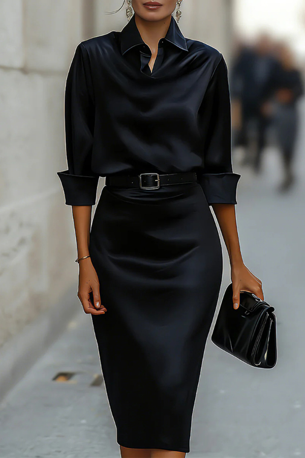 Solid Color Satin Lapel Long Sleeve Elegant Slim-fit Midi Dress