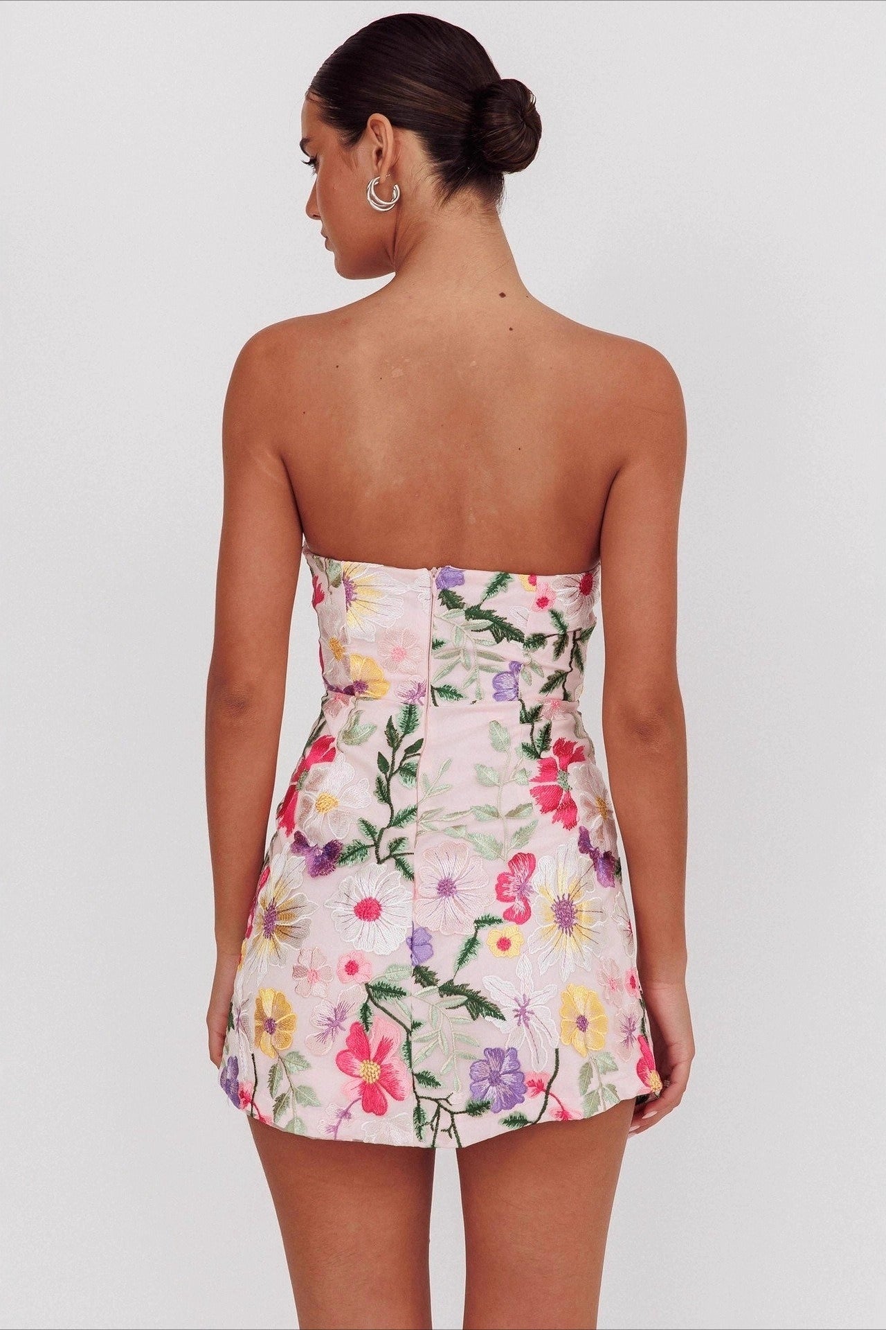 Strapless Dense Floral Embroidery Sheer Mesh Bodycon Mini Dress