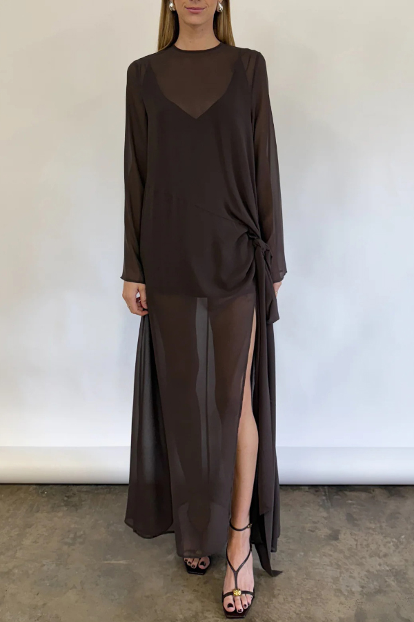 Fashionable Mesh See-through Round Neck Long Sleeve Tie Bow Slit Maxi Dress