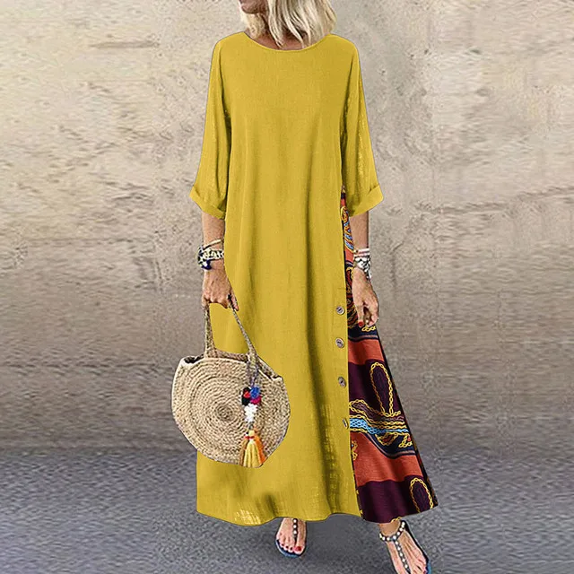 Cotton Linen Vintage Long Dresses Women Three Quarter Sleeves Splicing Print Loose A-line Dress Fashion Casual Lady Maxi Vestido 15 undefined