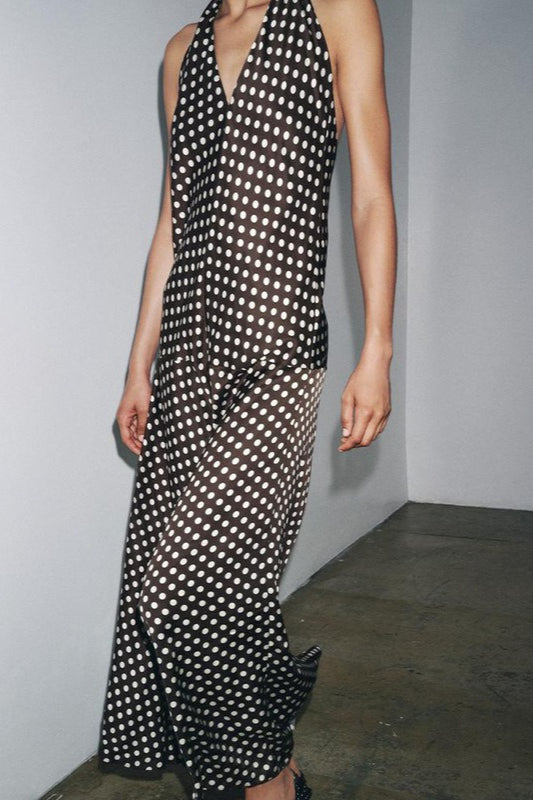 Polka Dot Halter Neck Deep V-Neck Maxi Dress