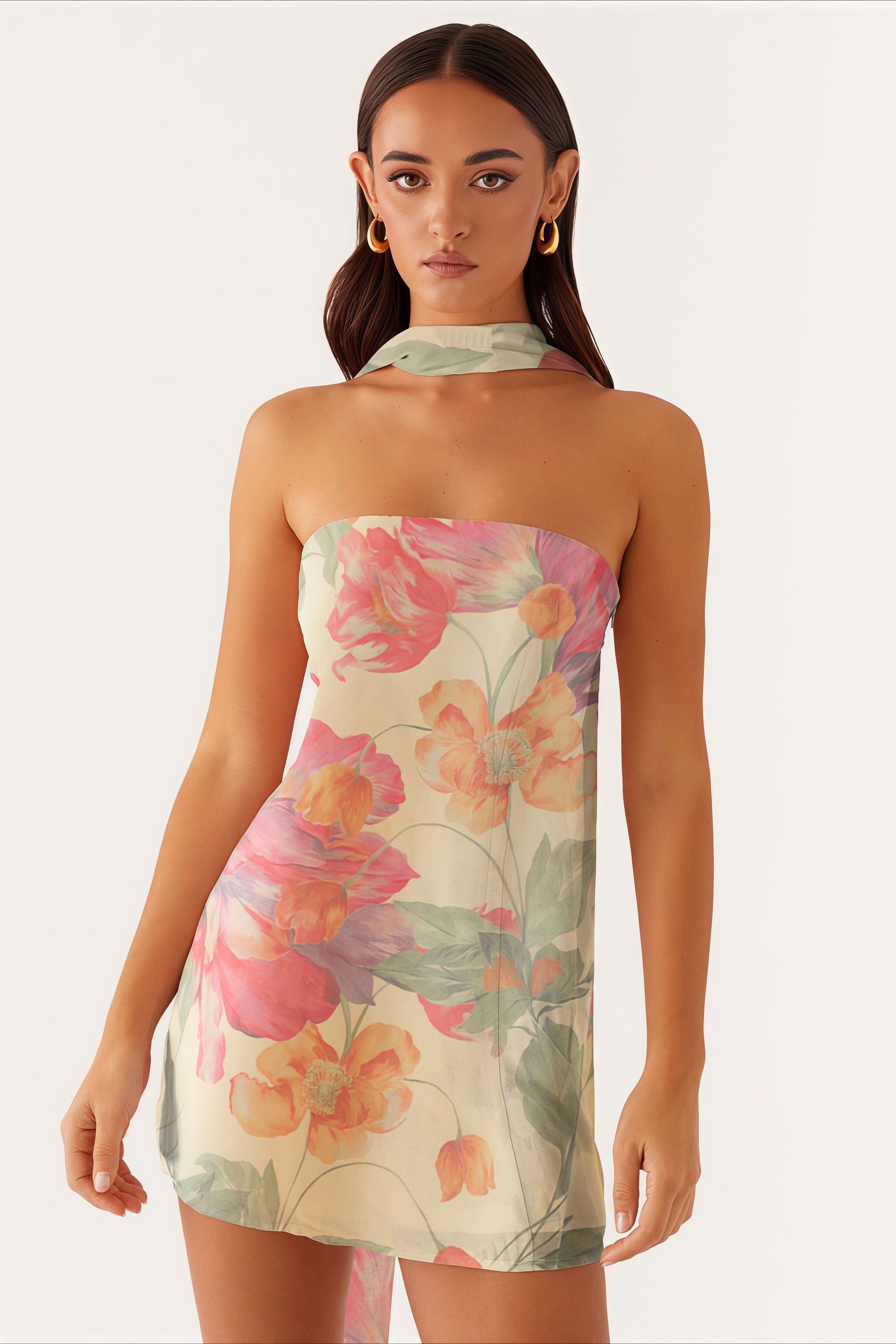 Strapless Ditsy Floral Print Matching Neck Tie Bodycon Mini Dress