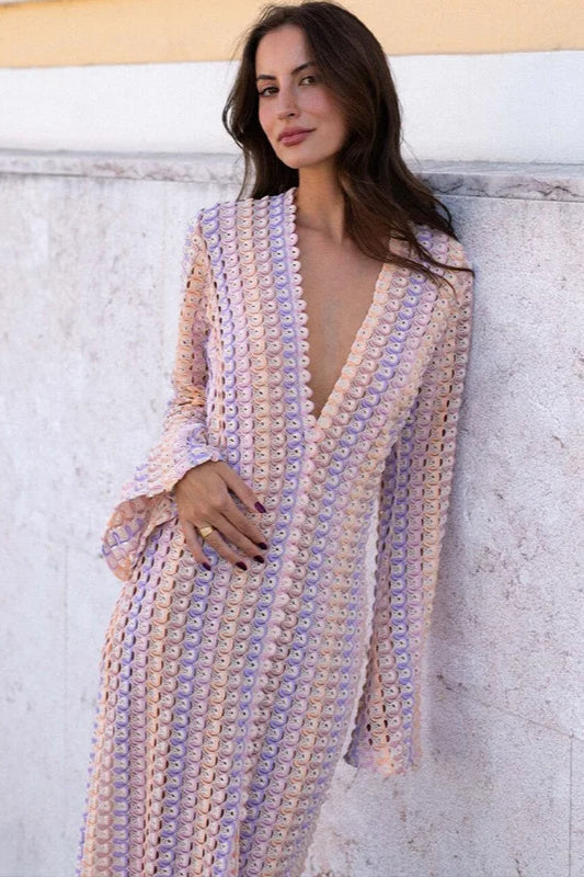 Deep V-Neck Bell Sleeve Geometric Crochet Knit Front Slit Maxi Dress