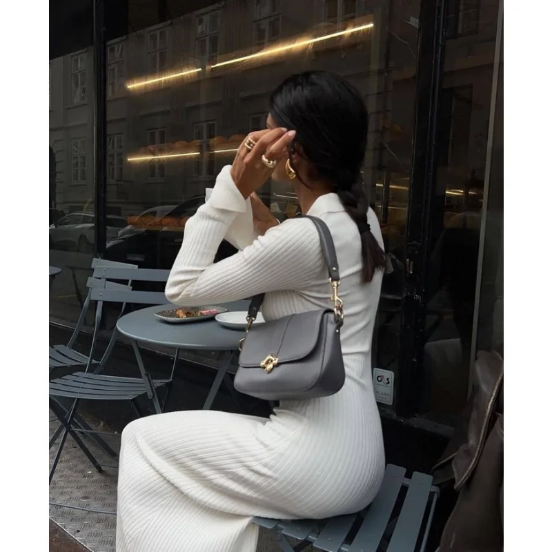 Ootddress Striped V-Neck Knit Maxi Dress For Women Ribbed Patchwork Slim Long Sleeve Elegant Party Dress Loose Knitwear Long Dress
