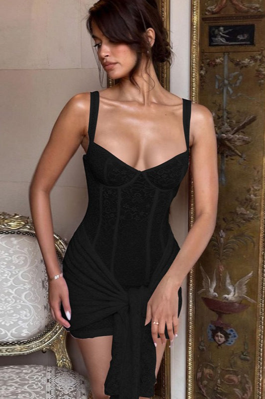 Floral Lace Sweetheart Neck Corset Bodice Waist Tie Wrap Mini Dress