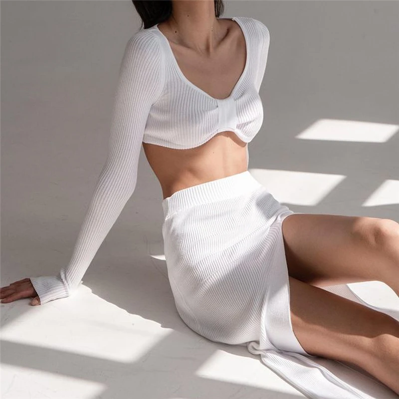 Ootddress Knitted Two Piece Dress Women Outfits Long Sleeve Crop Top and Midi Skirt High Split Out Dress Set Female Bodycon White 10 Ootddress Knitted Two Piece Dress Women Outfits Long Sleeve Crop Top and Midi Skirt High Split Out Dress Set Female Bodycon White