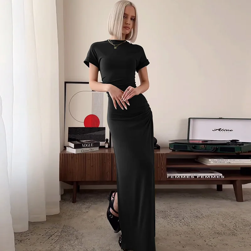 Women's Elegant O Neck Maxi Dress Short Sleeve Slim High Waist Shirring Dress Sexy Side Slit Evening Club Bodycon Dress Lady 23 Women's Elegant O Neck Maxi Dress Short Sleeve Slim High Waist Shirring Dress Sexy Side Slit Evening Club Bodycon Dress Lady