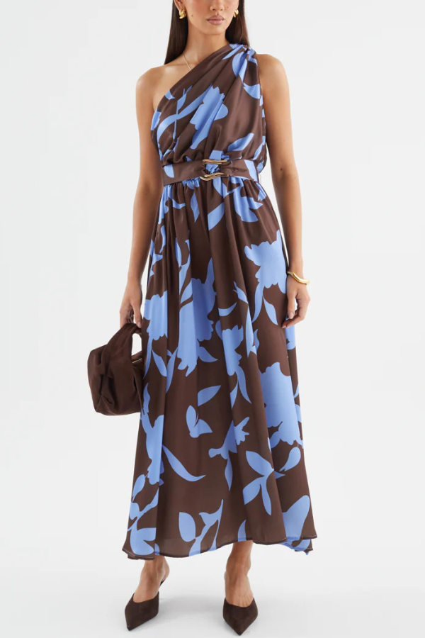 Unique Printed One-Shoulder Belt Casual Holiday Maxi Dress