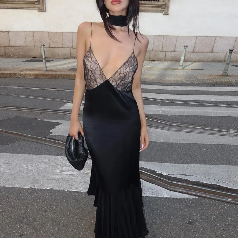 Ootddress Lace Splice Maxi Dresses For Women Sexy Deep V Neck Mesh Slim Dress Woman Temperament Clubwear Party Evening Dress Femme