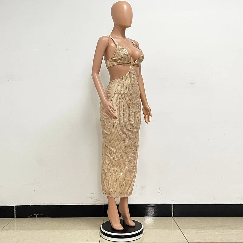 Sexy Hollow High Waist Slit Evening Dress Fashion Sequined Backless Sleeveless Elegant Party Dresses Solid Long Graduation Dress 139 undefined