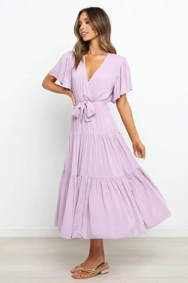 Trendy Solid Color Ruffles Long Dresses Women Sexy V-neck Ruffle Sleeves Leace-up Temperament Elegant Lady Dress 2025 Summer New 35 undefined