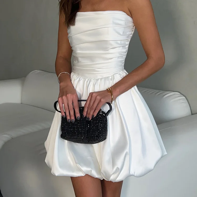 Ootddress Satin Strapless Pleated Mini Dress For Women Robe Off-shoulder Backless Sleeveless A-line Bodycon Sexy Dress Elegant