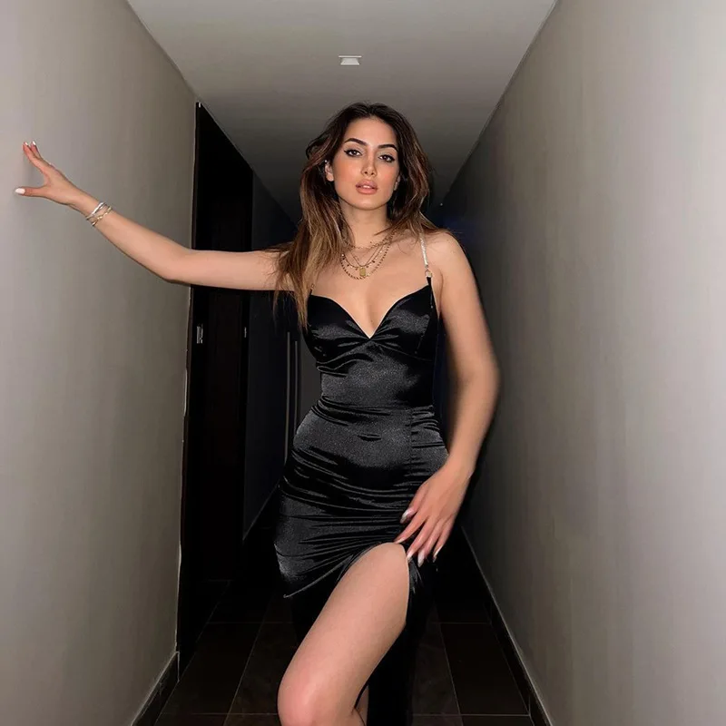 Ootddress Sexy Spaghetti Strap New Bag Buttocks Long Dress Sexy Suspender Slit Dress Diamond Shoulder Strap Party Nightclub Dress