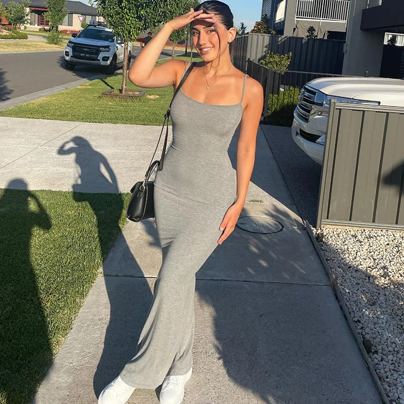 Dresses For Women 2025 Sexy Spaghetti Strap Black Long Dress Evening Y2k Sleeveless Solid Skinny Bodycon Maxi Vestidos