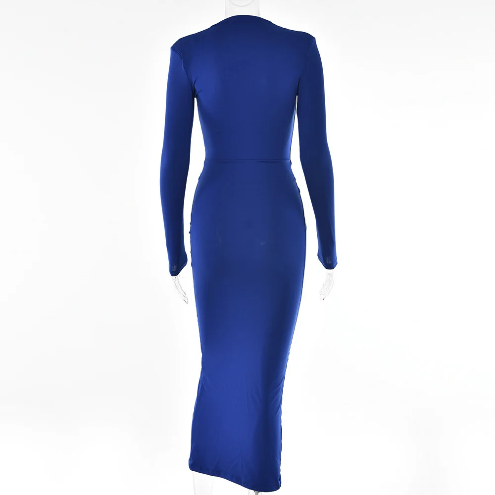 Ootddress Elegant Deep V Neck Full Sleeve Long Dress For Women Robe Fashion Autumn New Irregular Ruched Bodycon Midi Dress