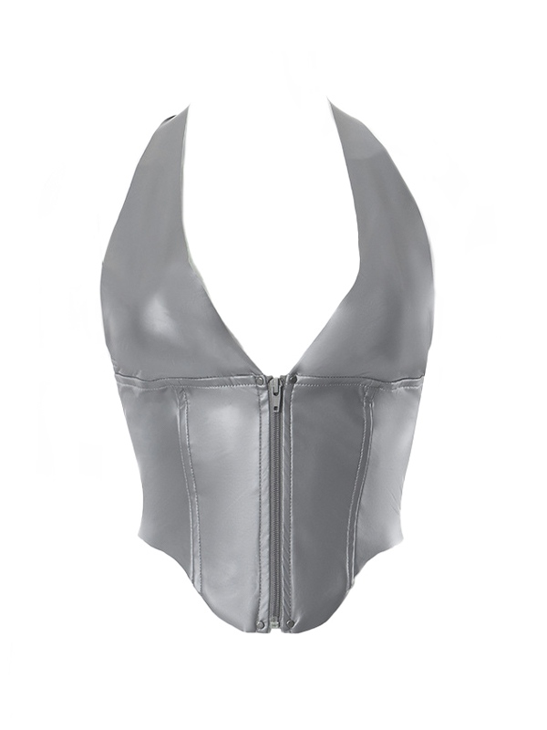 Zip Backless V Neck Halter Vest