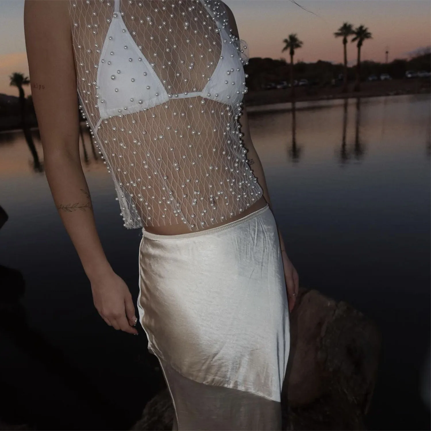 Ootddress Pearl Mesh See-Through Women Tank Top Sexy Sleeveless Round Neck Losse Summer Short T-shirt Female Y2K Fashion Vest 2025