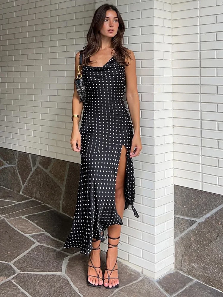 Ootddress Sexy Spaghetti Straps Slim High Slit Dress Women Polka Dot Maxi Dress V-Neck Temperament Slim Fit Party Evening Vestidos