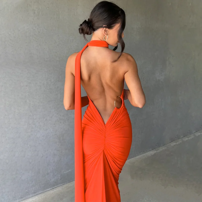 Ootddress Oblique Shoulder Backless Maxi Dress For Women Gown Summer Back Strap Sleeveless Ruched Party Sexy Long Dress Vestidos