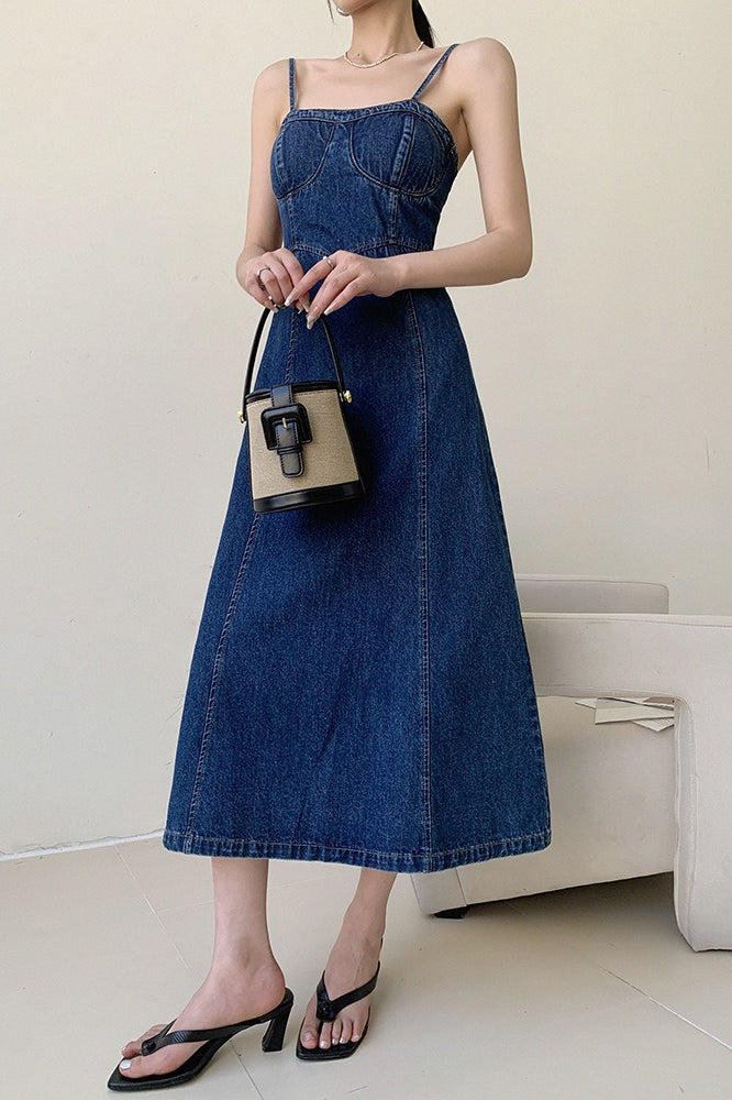 Denim Bustier Spaghetti Strap Panel Seam A-Line Midi Dress