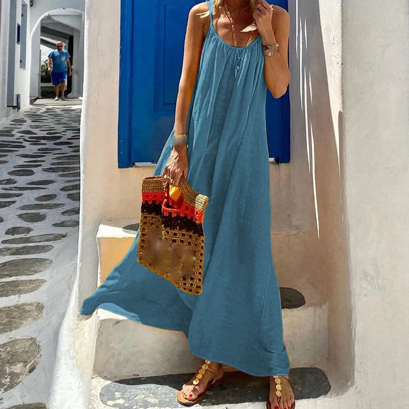 Bohemian Solid Color Spaghetti Strap Dresses Women Loose Sexy Backless Beach Vacation Long Dress Female Fashion Casual Vestidos