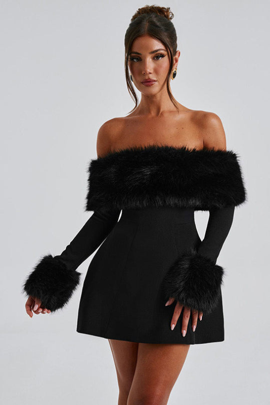 Black Faux Fur Collar Off Shoulder Bodycon Dress