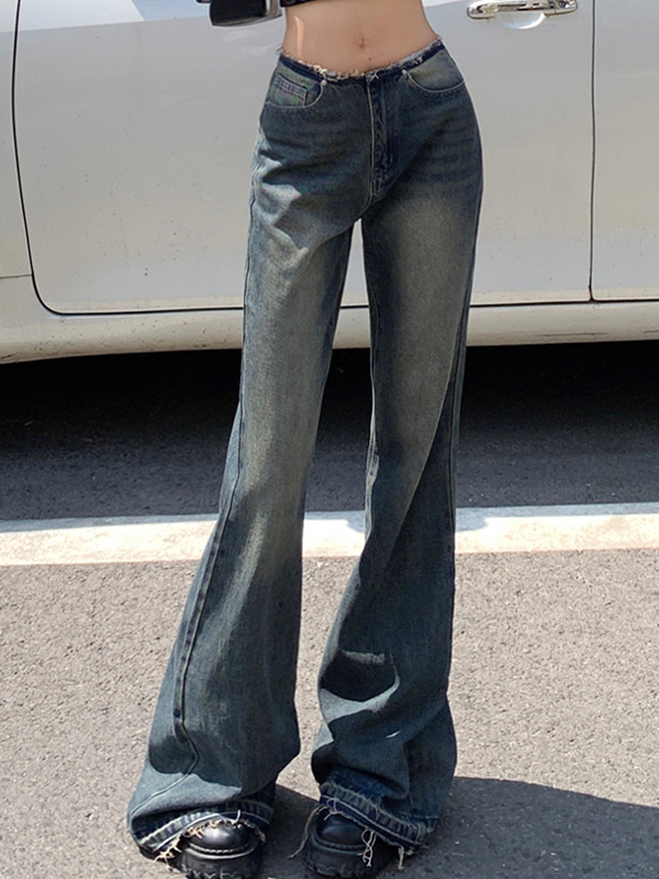 Low rise raw edge loose floor mopping Flare Jeans