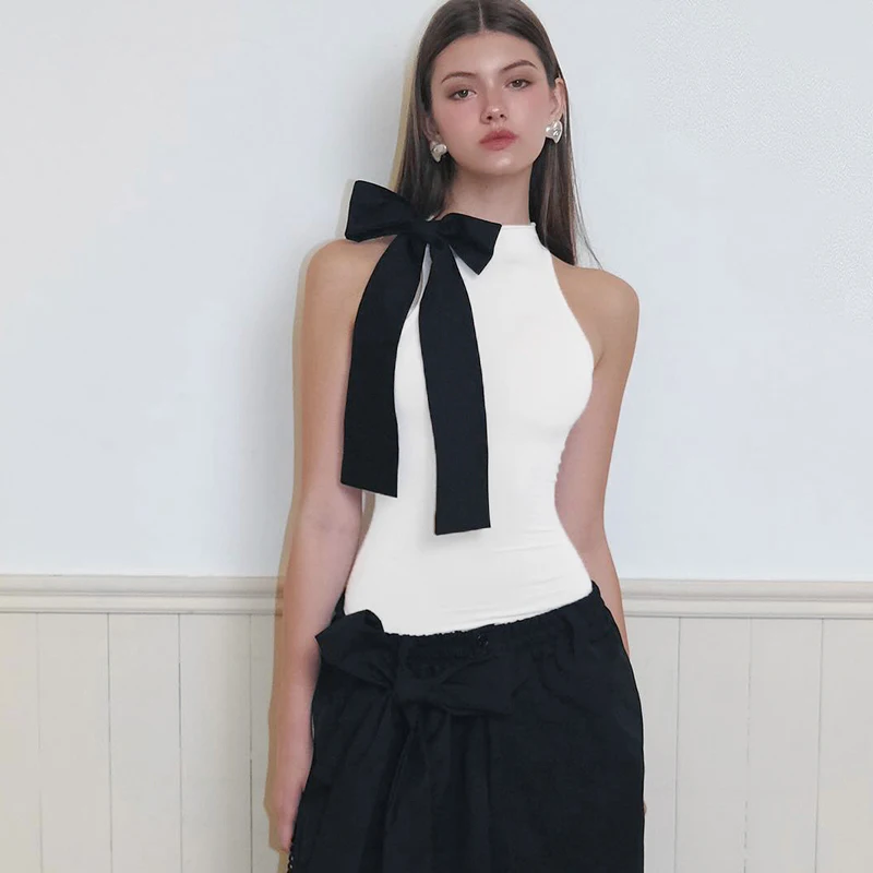 Fashion Slim Fit Sleeveless High Neck One Line Shoulder Bow Bodysuit - Women's Sexy Versatile Pullover