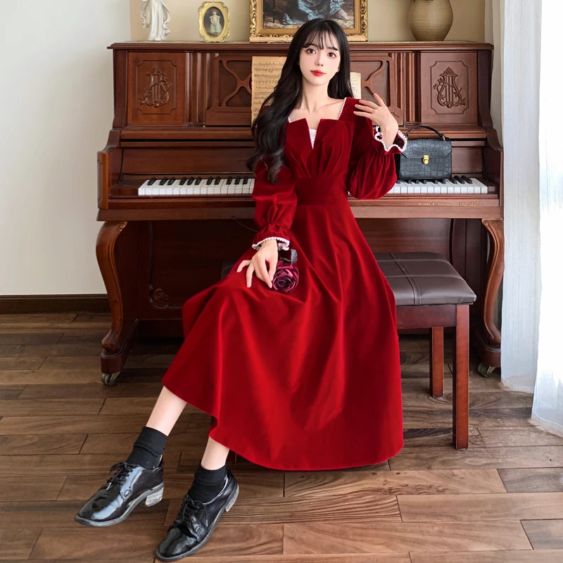 French Vintage A-line Wedding Party Dress Women Autumn Elegant Long Sleeve Backless Red Vestidos Mujer Princess Robe Spring New