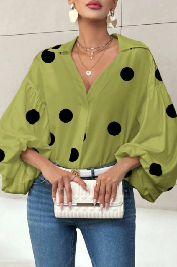 Stylish Polka Dot Print Collared Puff Sleeve Loose Shirt