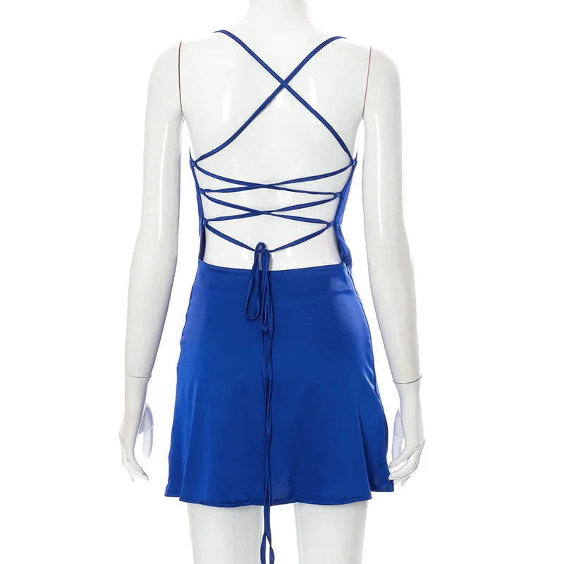 Ootddress New Spaghetti Straps Mini Satin Dress Women 2025 Summer Backless Low Cut Sexy Dresses Ladies Club Wear Party Sundresses