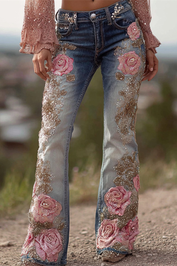 Floral Printed High-waisted Pocket Casual Flared Jeans