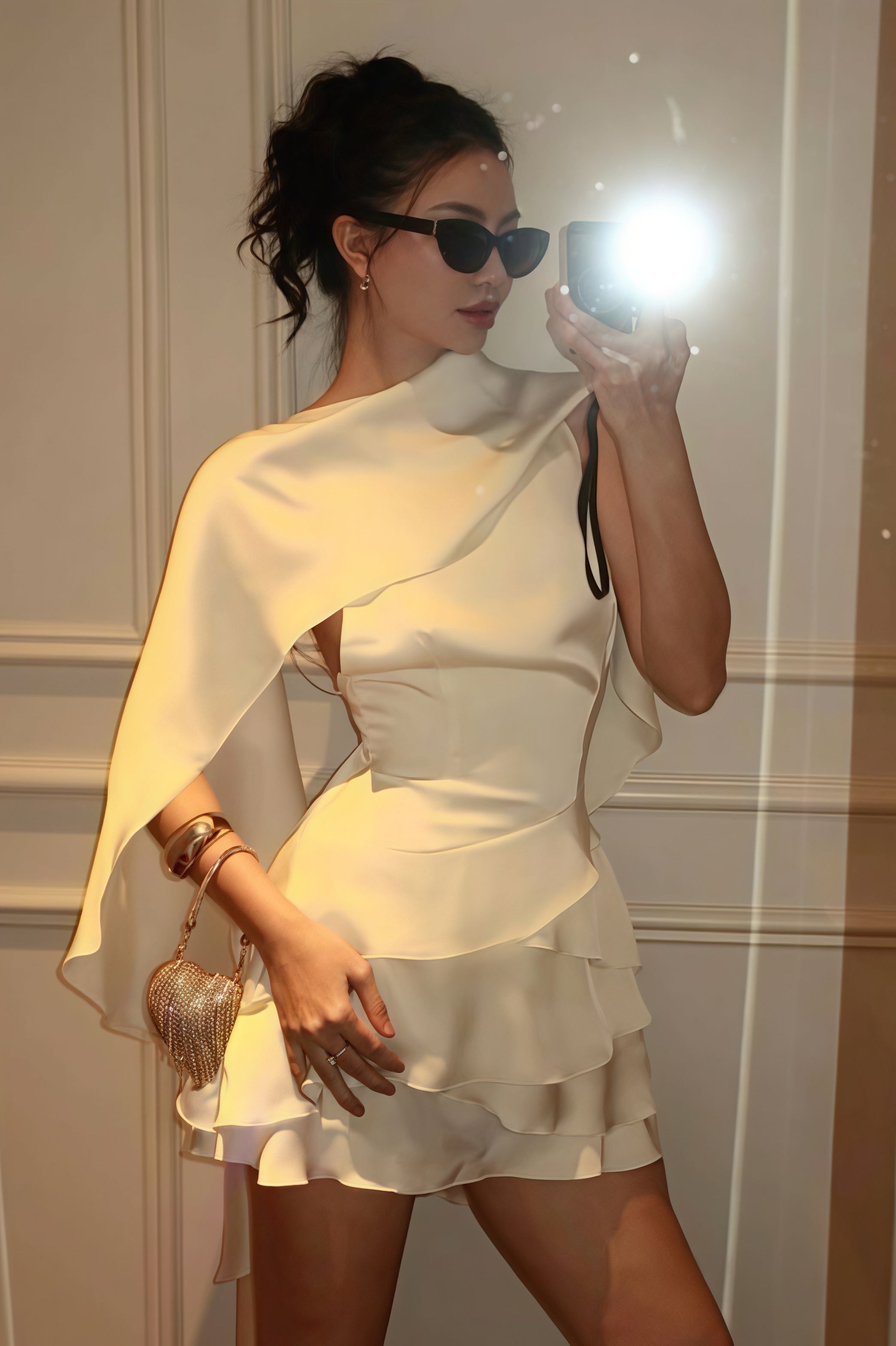 High Neck Ruffle Collar Cape Overlay Tiered Ruffle Hem Satin Mini Dress