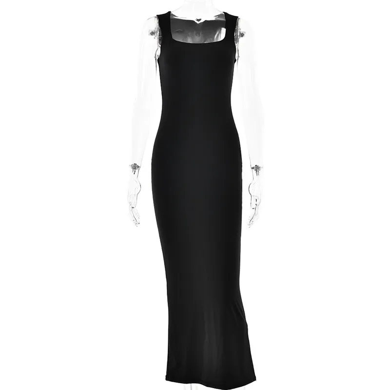 Ootddress Elegant Sleeveless Sexy Maxi Dress For Women Summer New Square Collar Bodycon Club Party Long Tank Dress New 2025