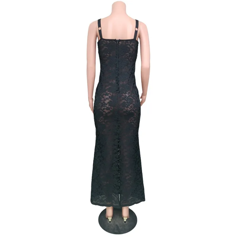 Ootddress Lace Black Dress Female Slim Hollow Out Spaghetti Backless Dress Elegant Party Evening Gown Split Women Maxi Dress Summer