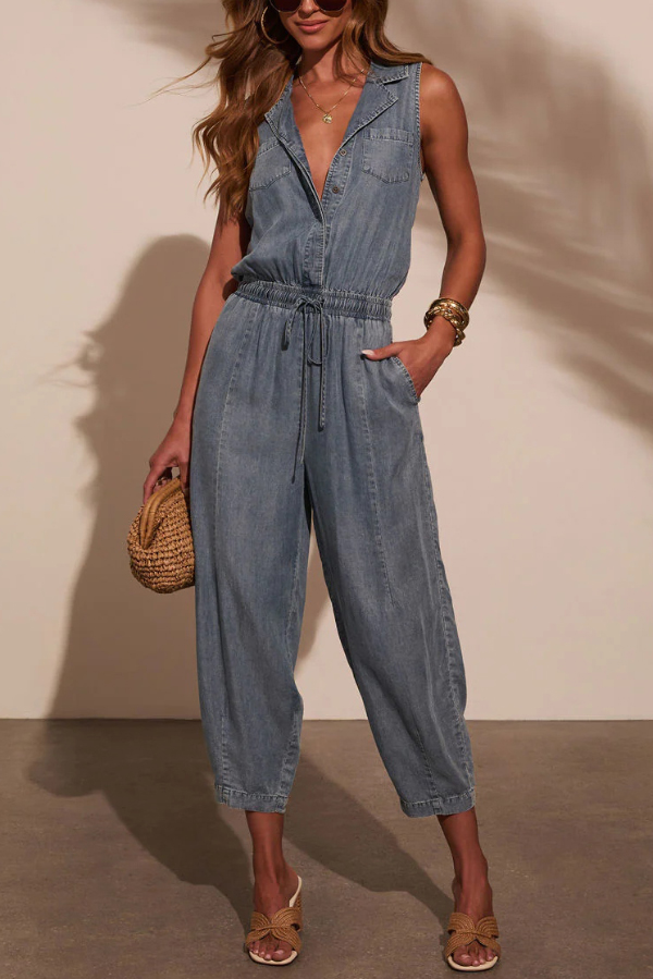 Stylish Collared Sleeveless Elastic Waist Tie Casual Pocket Denim Jumpsuit