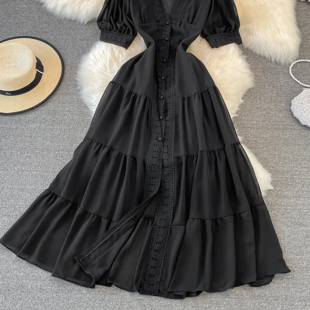 New Women Vintage Party Dress Summer Puff Sleeve Sexy V Neck Lace Single-breasted Long Dresses Ladies A Line Elegant Long Robe 37 New Women Vintage Party Dress Summer Puff Sleeve Sexy V Neck Lace Single-breasted Long Dresses Ladies A Line Elegant Long Robe