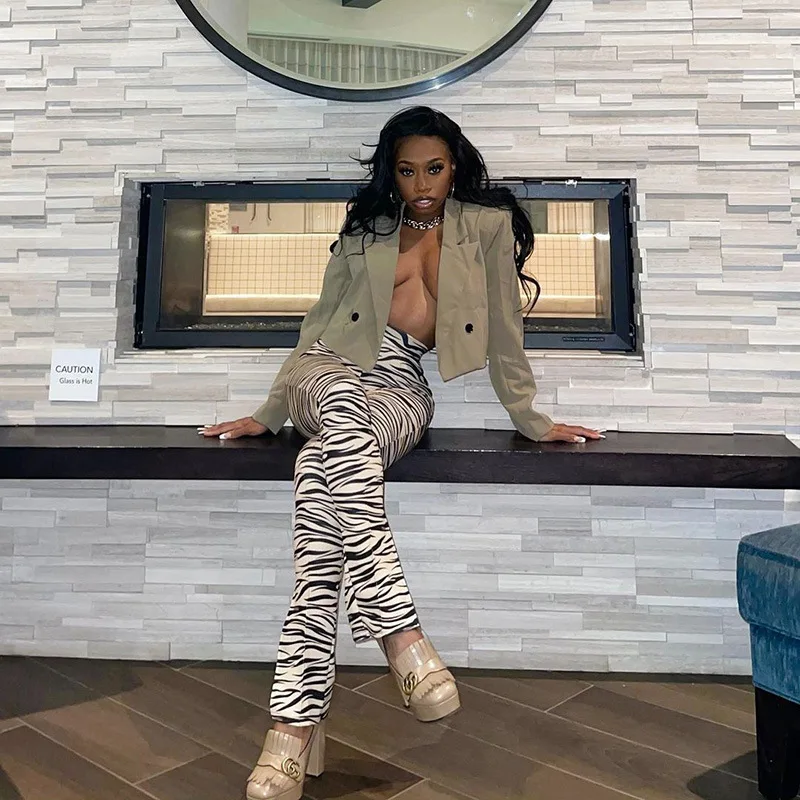Ootddress Female Trousers Casual Zebra Print Straight Leg Pants Split Out Spring Women Streetwear High Waist Fashion Ladies Pants