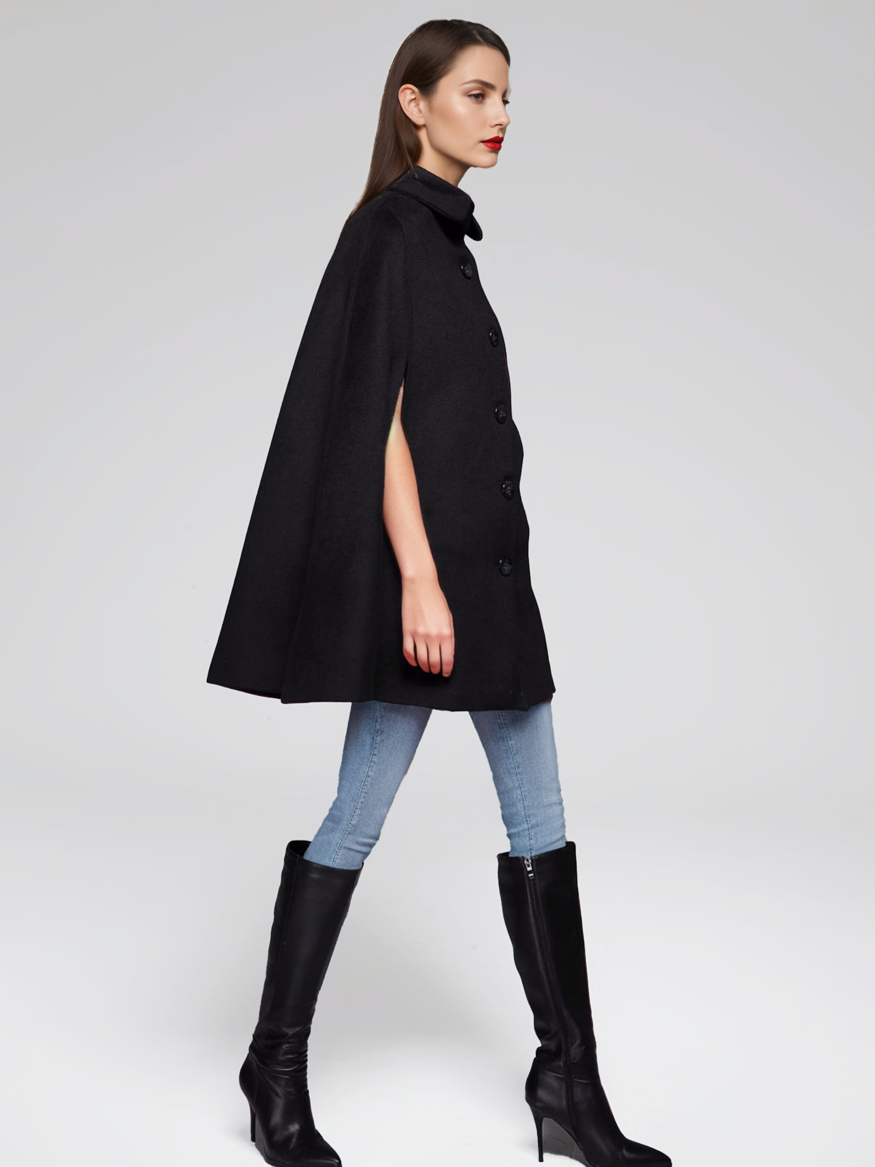 Wool Blend Cape Coat Turndown Collar Black Poncho Oversized Outerwear For Women 2026