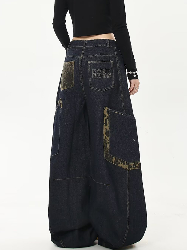 American Retro Leopard Print Stitching Boyfriend Jeans