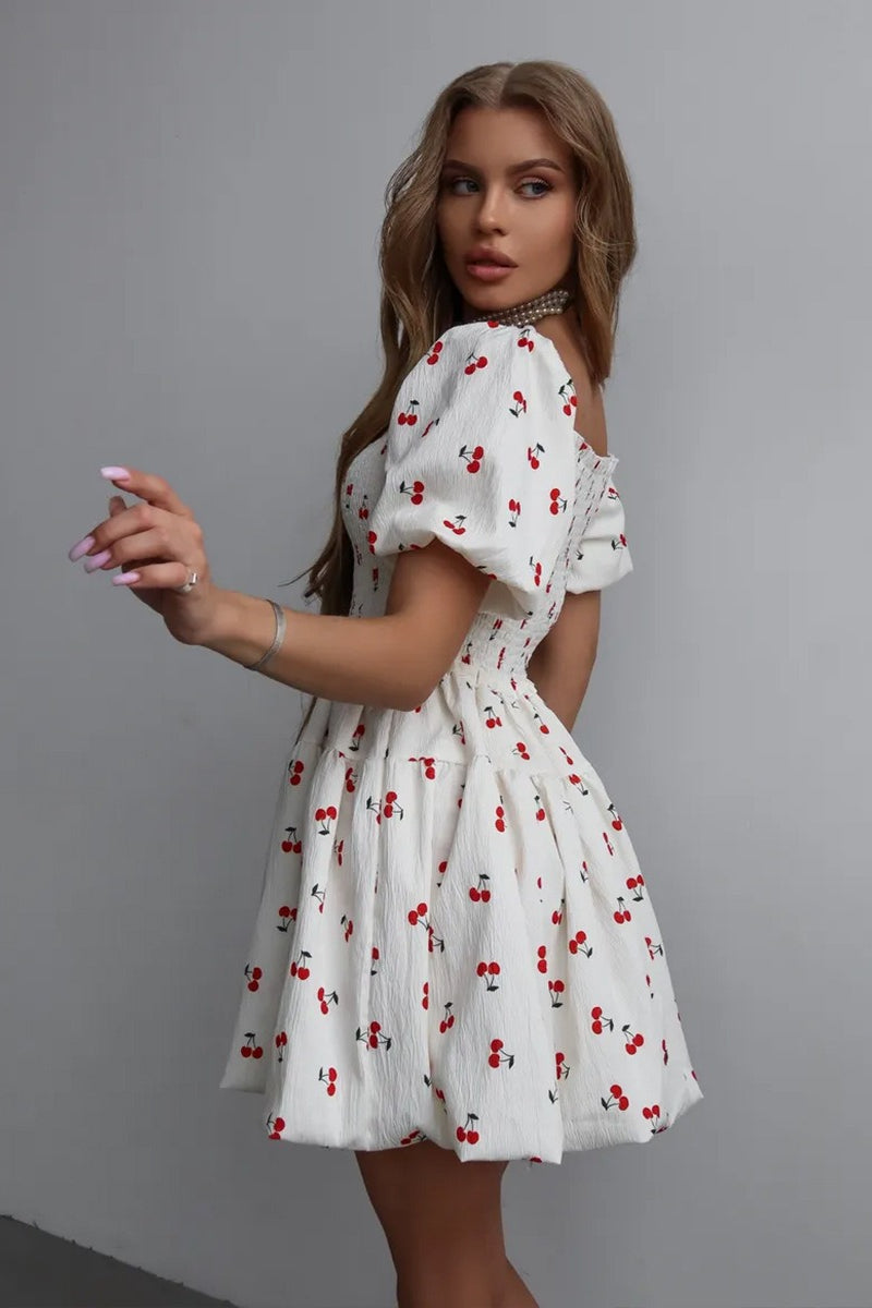 Fruit Print Smocked Off Shoulder Puff Sleeve Tiered Mini Dress