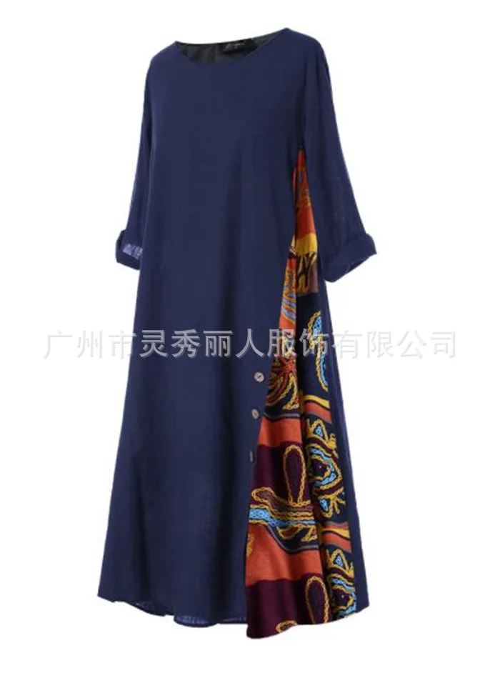 Cotton Linen Vintage Long Dresses Women Three Quarter Sleeves Splicing Print Loose A-line Dress Fashion Casual Lady Maxi Vestido 24 undefined