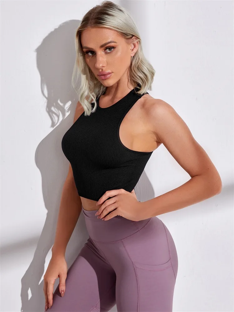 Ootddress Women's Solid Ribbed Sports Camis Sleeveless Yoga Mini Vest Casual Bodycon Fitness Basic Tank Top Female High Street Wear