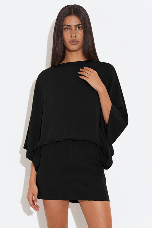 Deep Back Cowl Neck Draped Wing Sleeve Loose Mini Dress