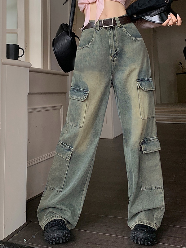 High Waist Multi Pocket Mopping Cargo Jeans