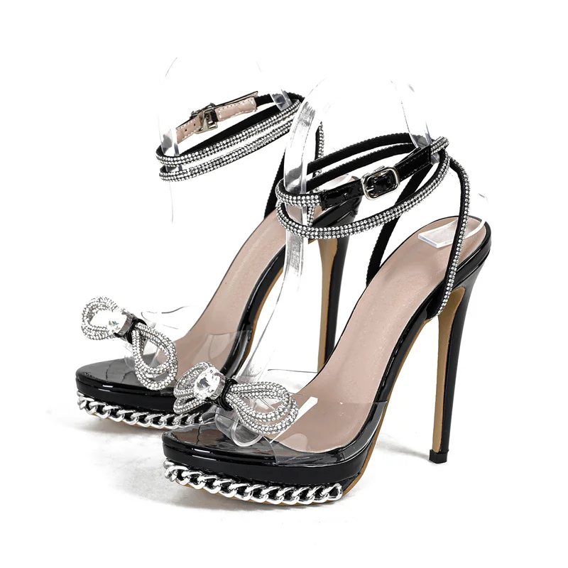 Liyke 2025 Summer Crystal Bowknot Transparent Sandals Women Silver Chain High Heels Platform Sandalias 9 Liyke 2025 Summer Crystal Bowknot Transparent Sandals Women Silver Chain High Heels Platform Sandalias