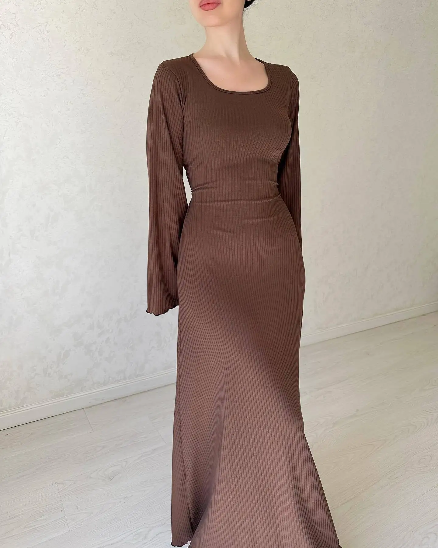 Ootddress Black Ribbed Fashion Maxi Dress For Women Loose Slim High Waist Casual Elegant Long Sleeve Party Dress Female Autumn Dress