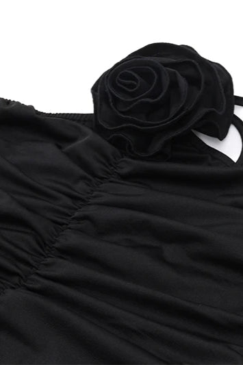 One-Shoulder Rosette Applique Ruched Bodycon Maxi Dress